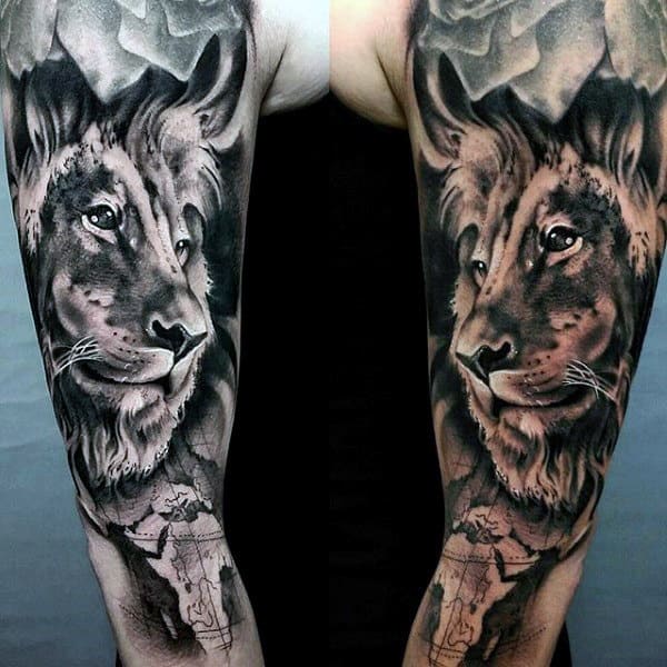 Shaded Sleeve Tattoo Of Lion On Gentleman