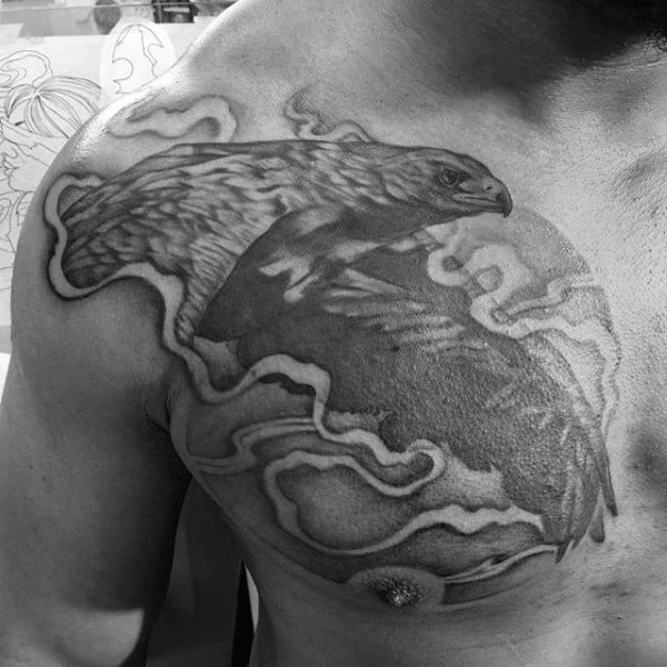 Shaded Soaring Hawk Design Tattoo On Guys Chest