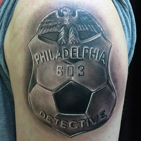 Shaded Soccer Ball With Police Detective Badge Mens Upper Arm Tattoo