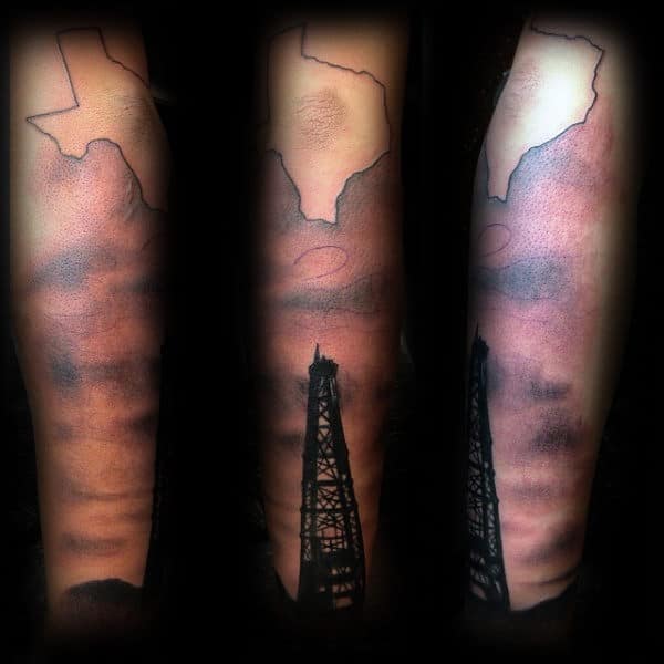 Shaded Texas Male Oilfield Tattoo Sleeve Ideas