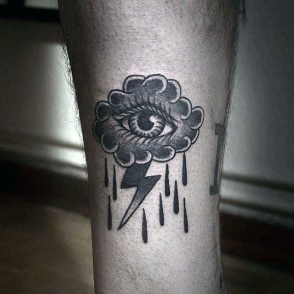 Shaded Thunder Bolt With Clouds And Eye Traditional Guys Leg Tattoos