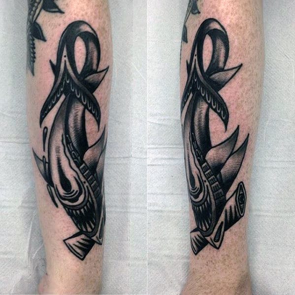 Shaded Traditional Black And Grey Ink Shark Tattoo For Guys