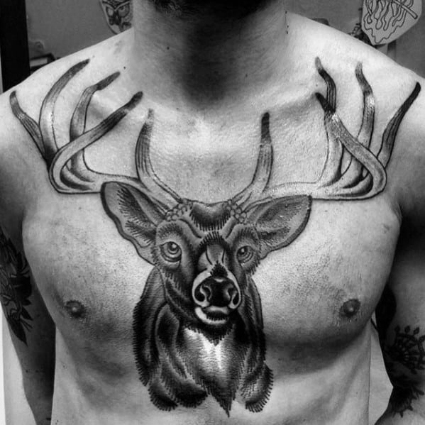 Shaded Traditional Deer Black And Grey Chest Tattoos For Men