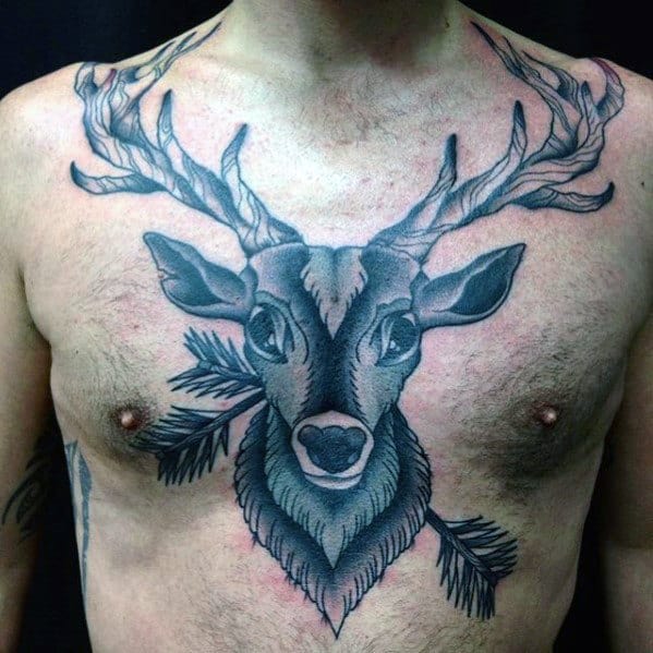 Shaded Traditional Deer Male Chest Tattoo