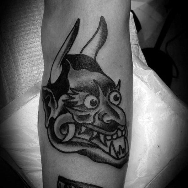 Shaded Traditional Devil Tattoo For Men On Outer Forearm