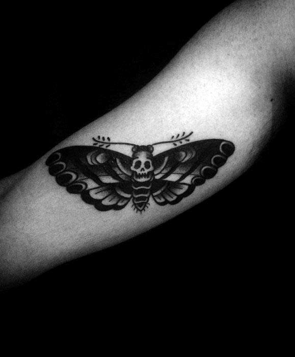 Shaded Traditional Moth Mens Inner Arm Bicep Tattoo