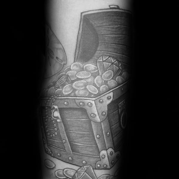 Shaded Treasure Chest Male Arm Tattoo Ideas.