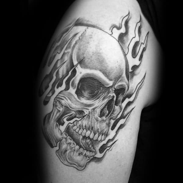 Shaded Upper Arm Flaming Skull Tattoos For Gentlemen