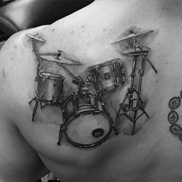 Shaded Upper Shoulder Mens Drum Set Tattoo Inspiration