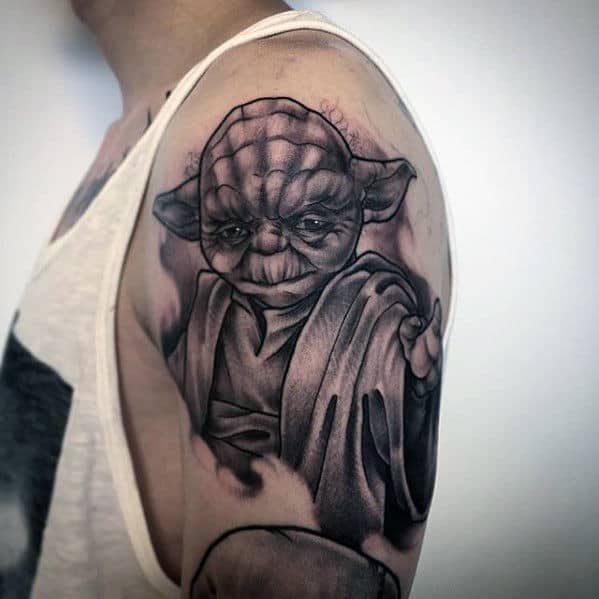 Shaded Watercolor Grey Ink Male Arm Yoda Tattoos
