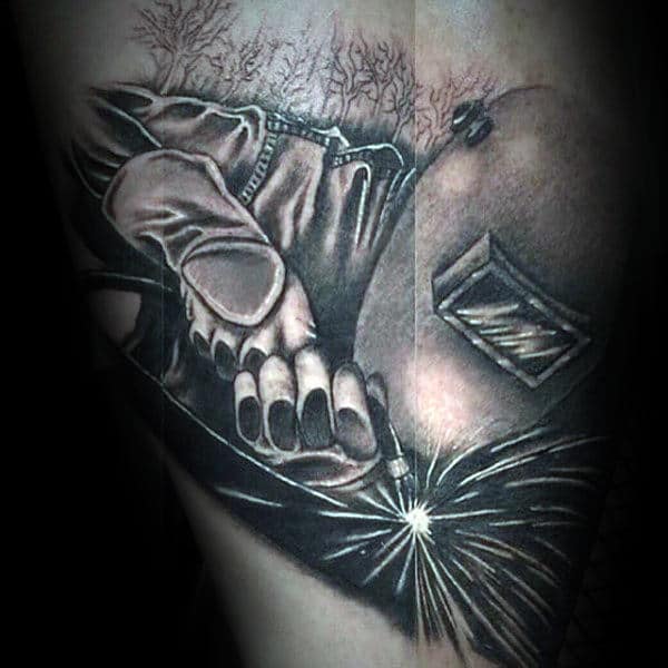 Shaded Welding Black And Grey Mens Arm Tattoo Design Ideas.