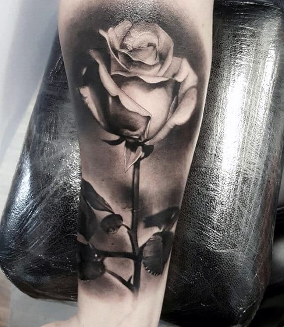 Shaded White Rose Flower Hyper Realistic Inner Forearm Tattoos For Men