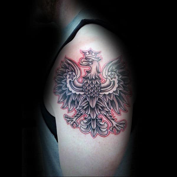 Shaded With Red Ink Outline Male Polish Eagle Arm Tattoos