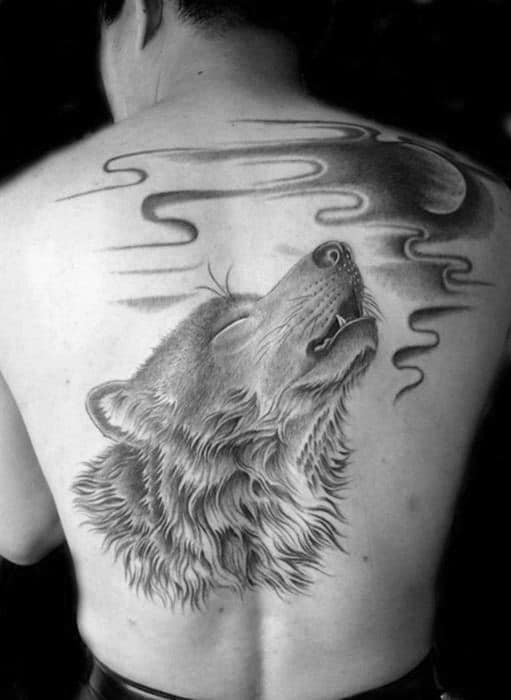 Shaded Wolf Howling At The Moon Guys Back Tattoos