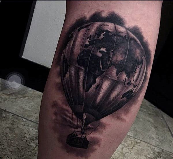 Shaded World Map Globe Hot Air Balloon Male Leg Tattoos