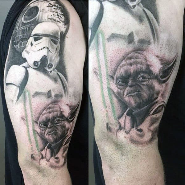 Shaded Yoda With Stormtrooper Mens Upper Arm Tattoos