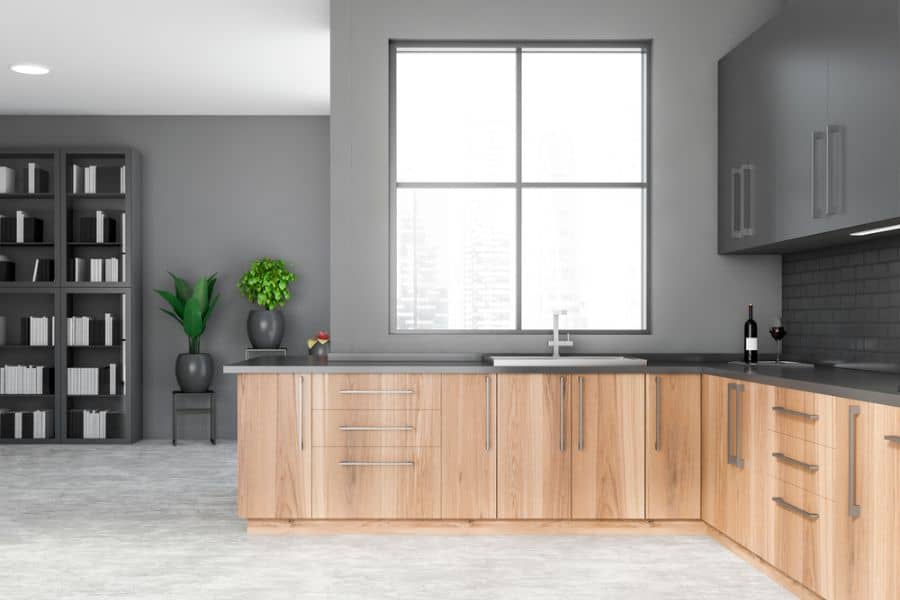 large open gray kitchen wood grain cabinets 