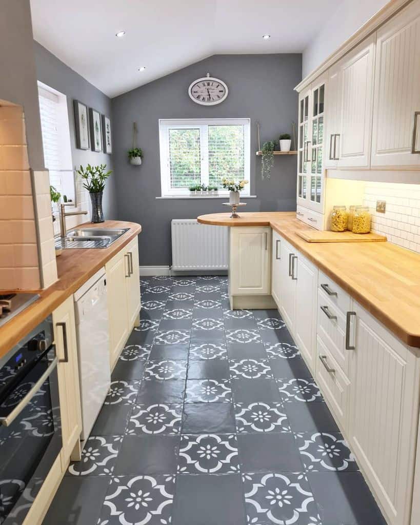 small white cabinet galley kitchen pattern gray floor tile