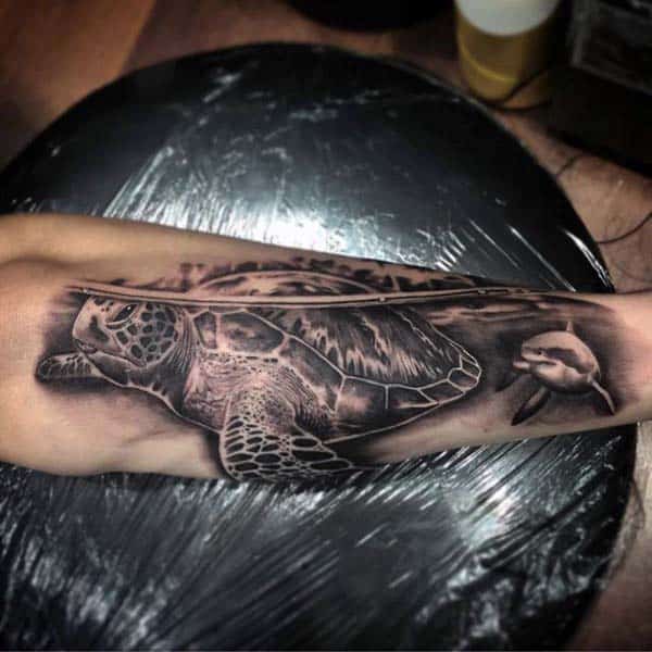 Shark And Turtle Mens 3d Water Tattoo On Outer Forearm
