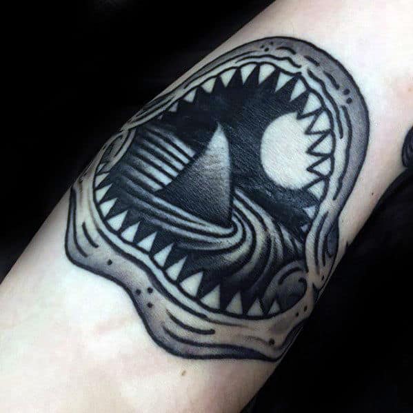 Shark Fin Inside Jaws Mens Old School Traditional Forearm Tattoo