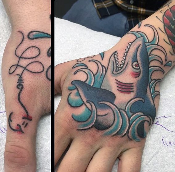 Shark Hand Tattoo With Fish Hook And Line For Men