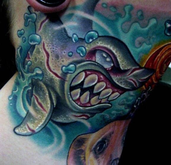 Shark Wave Men's Tattoo On Neck
