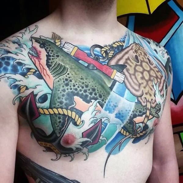 Shark With Anchor Guys Chest Tattoo