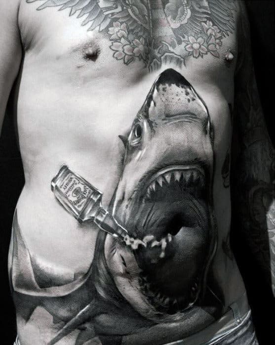 Shark With Bottle Of Whiskey Creative Mens Stomach Tattoos