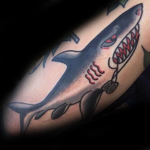 Shark With Dog Tags Mens Traditional Arm Tattoos