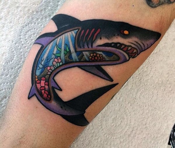 Shark With Ocean Old School Style Mens Animal Tattoos
