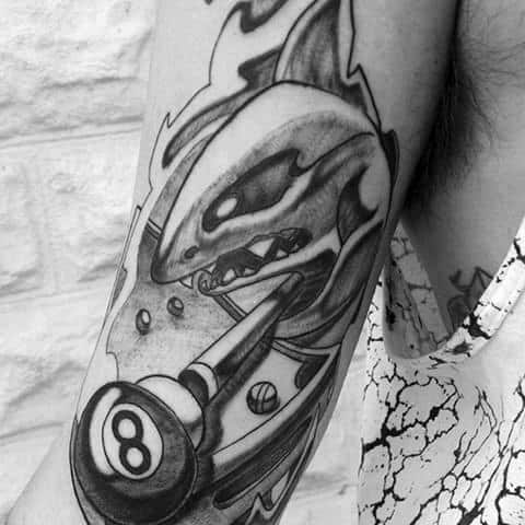 Shark With Pool Table And 8 Ball Mens Arm Tattoo