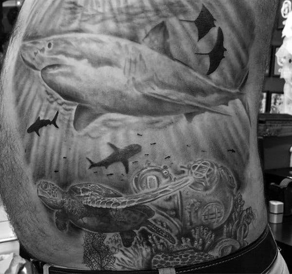 Sharks Guys Coral Reef Rib Cage Side And Stomach Tattoos