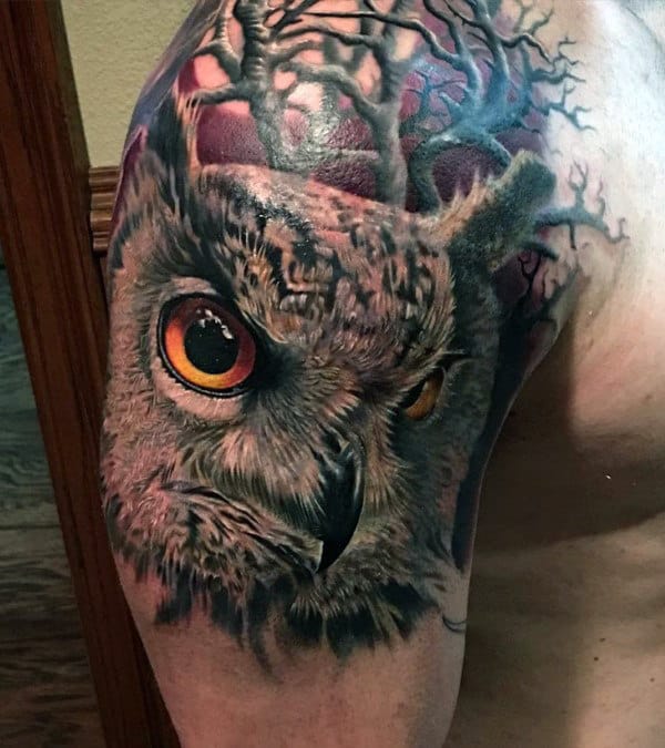 Sharp Eye Of Owl Mens Quarter Sleeve Tattoo