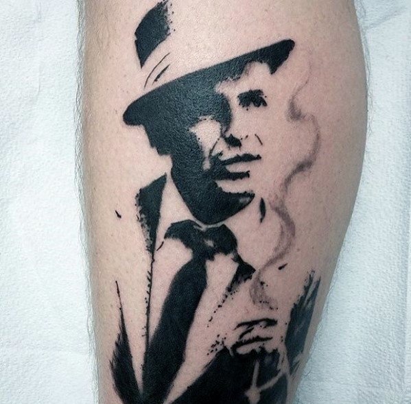 Sharp Frank Sinatra Portrait Side Of Leg Negative Space Male Tattoo Ideas