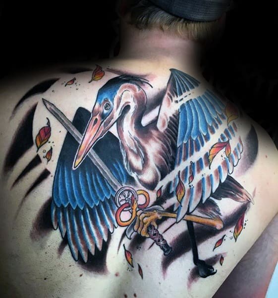 Sharp Heron Bird Male Tattoo Ideas On Back