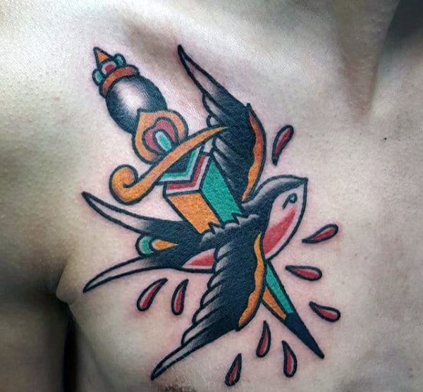 Sharp Knife Slicing A Sparrow Tattoo Mens Chest
