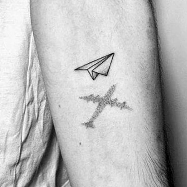 Sharp Quarter Sized Paper Airplane Dotwork Male Tattoo Ideas