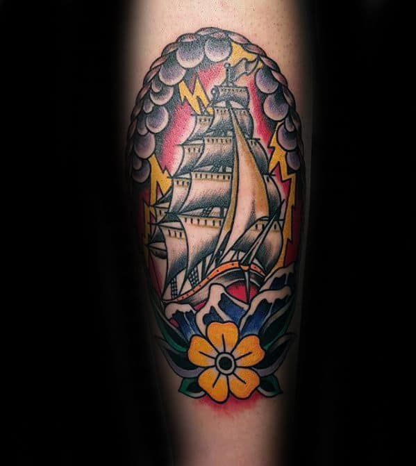 Sharp Thunderstorm Sailing Ship Traditional Forearm Male Tattoo Ideas