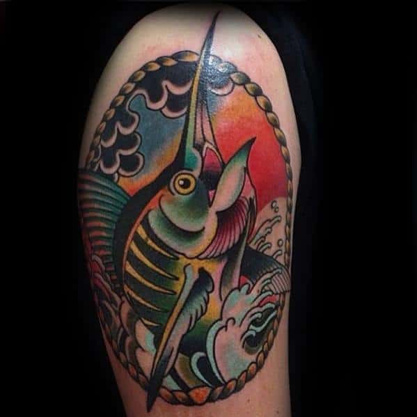 Sharp Traditional Upper Arm Swordfish Male Tattoo Ideas