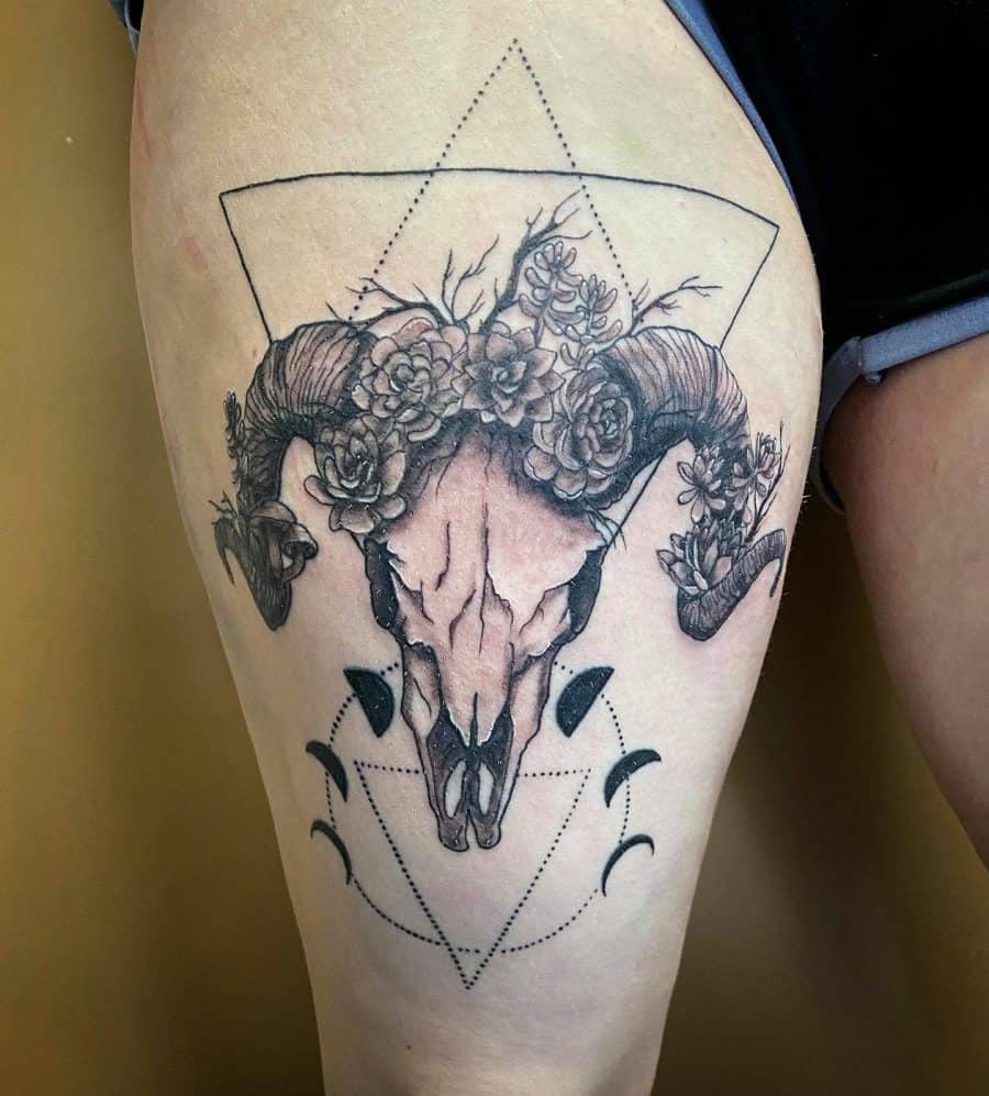 Sheep Skull Flowers Linework Dotwork Framing Shapes Thight Abstract Tattoo