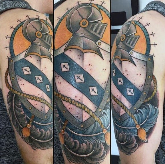 Shield Knight Helmet Guys Arm Tattoo With Traditional Old School Design