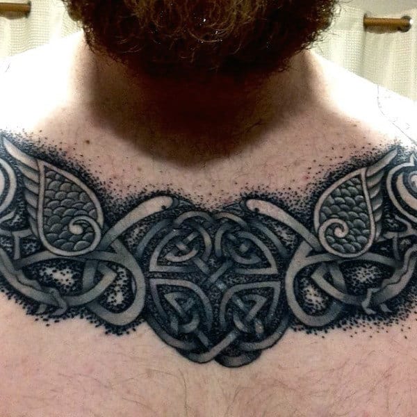 Shield Knot Mens Celtic Upper Chest Tattoos With Dotwork Design