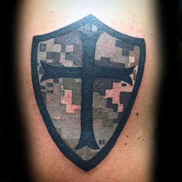 Shield With Cross Camouflage Mens Digital Tattoo Design