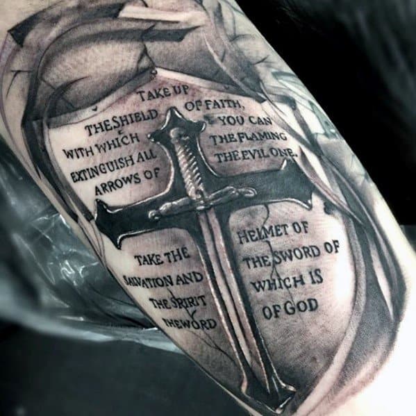 Shield With Sword And Quote Mens Unique Arm Tattoos