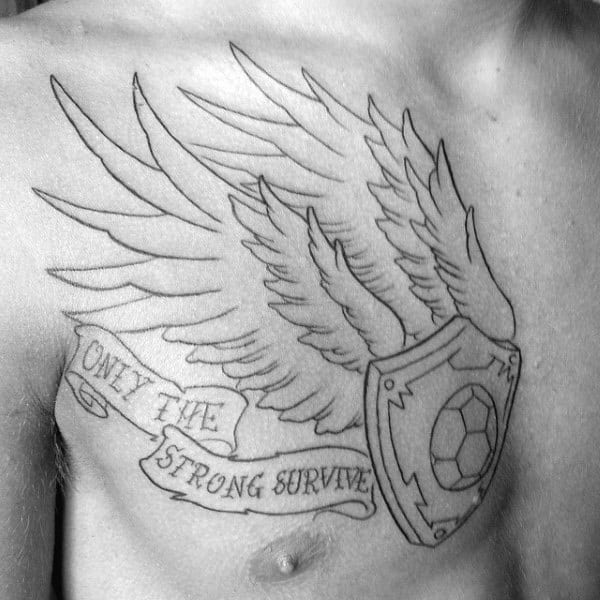 Shield With Wings Soccer Mens Chest Tattoo With Black Ink Outlien Design