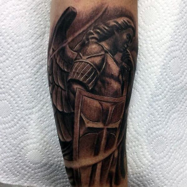 Shielded Guardian Angel In Deep Thought Tattoo On Calves For Men