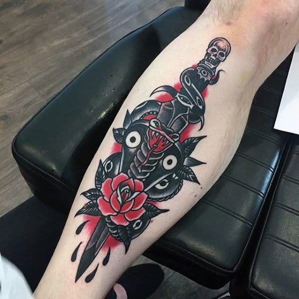 Shin Black And Red Ink Traditional Dagger Mens Tattoos