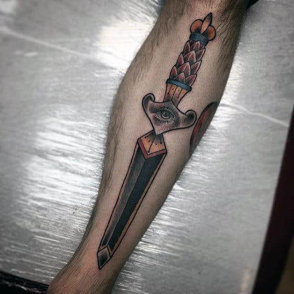 Shin Traditional Dagger Tattoos For Males