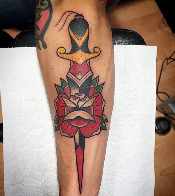 Shin Traditional Dagger Through Rose Mens Tattoo Ideas