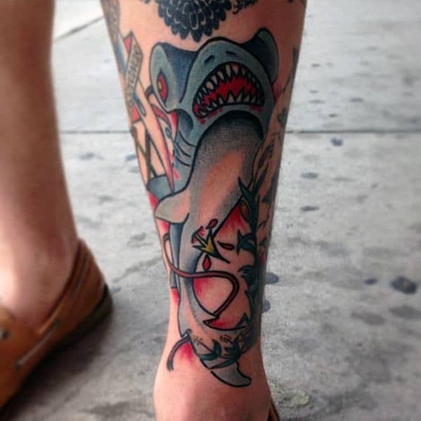 Shin Traditional Shark Tattoos For Men